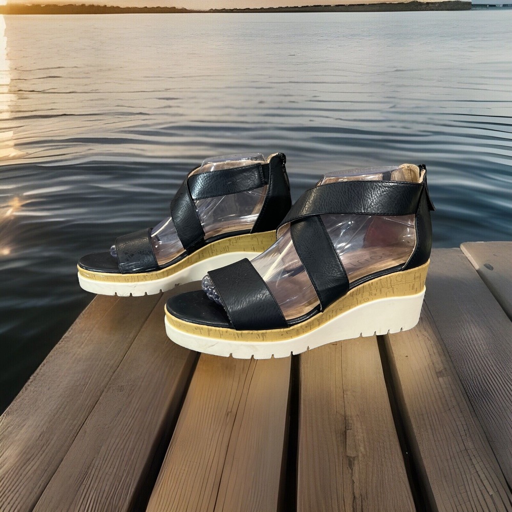 SOUL Naturalizer Goodtimes Wedge Sandals Crisscross Black Womens Size 7.5